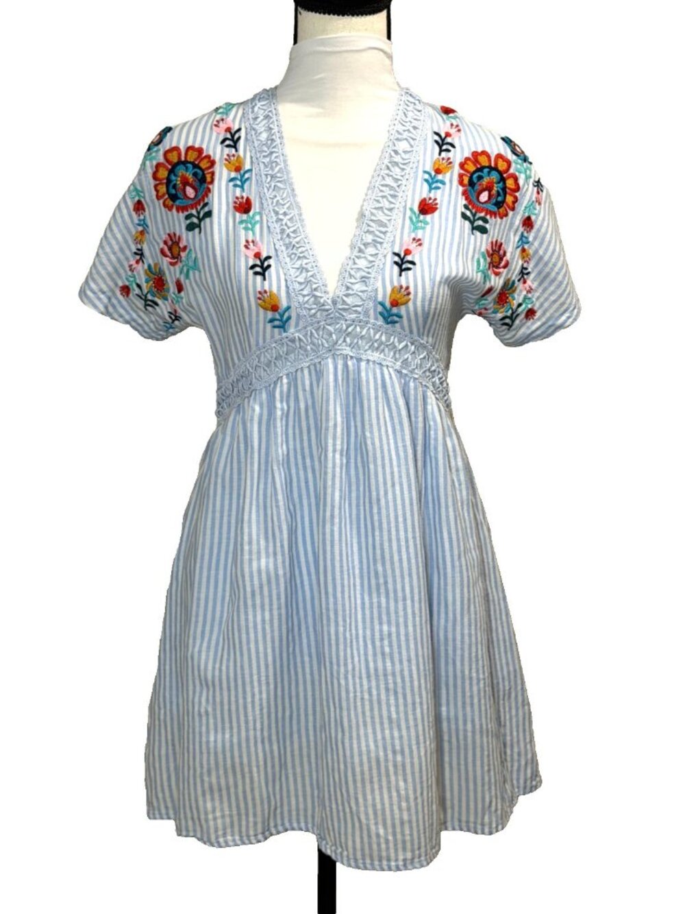 Altar'd State Boho Embroidered Striped Mini Dress Tunic Corset Lace Up Small